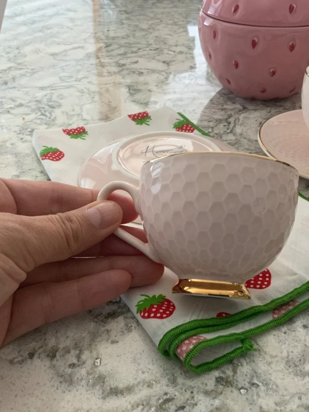 Pink & Gold Honeycomb Teacup & Saucer Set – 2 Place Settings